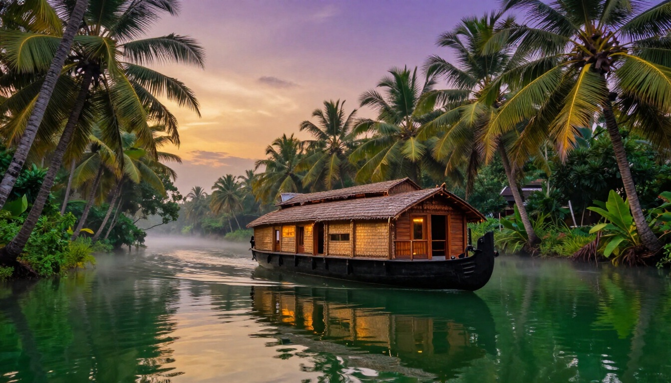 Kerala houseboat on backwaters at dusk
