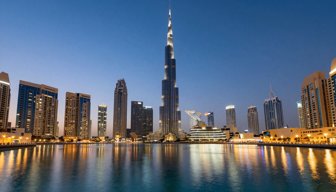 Dubai skyline at blue hour with Burj Khalifa