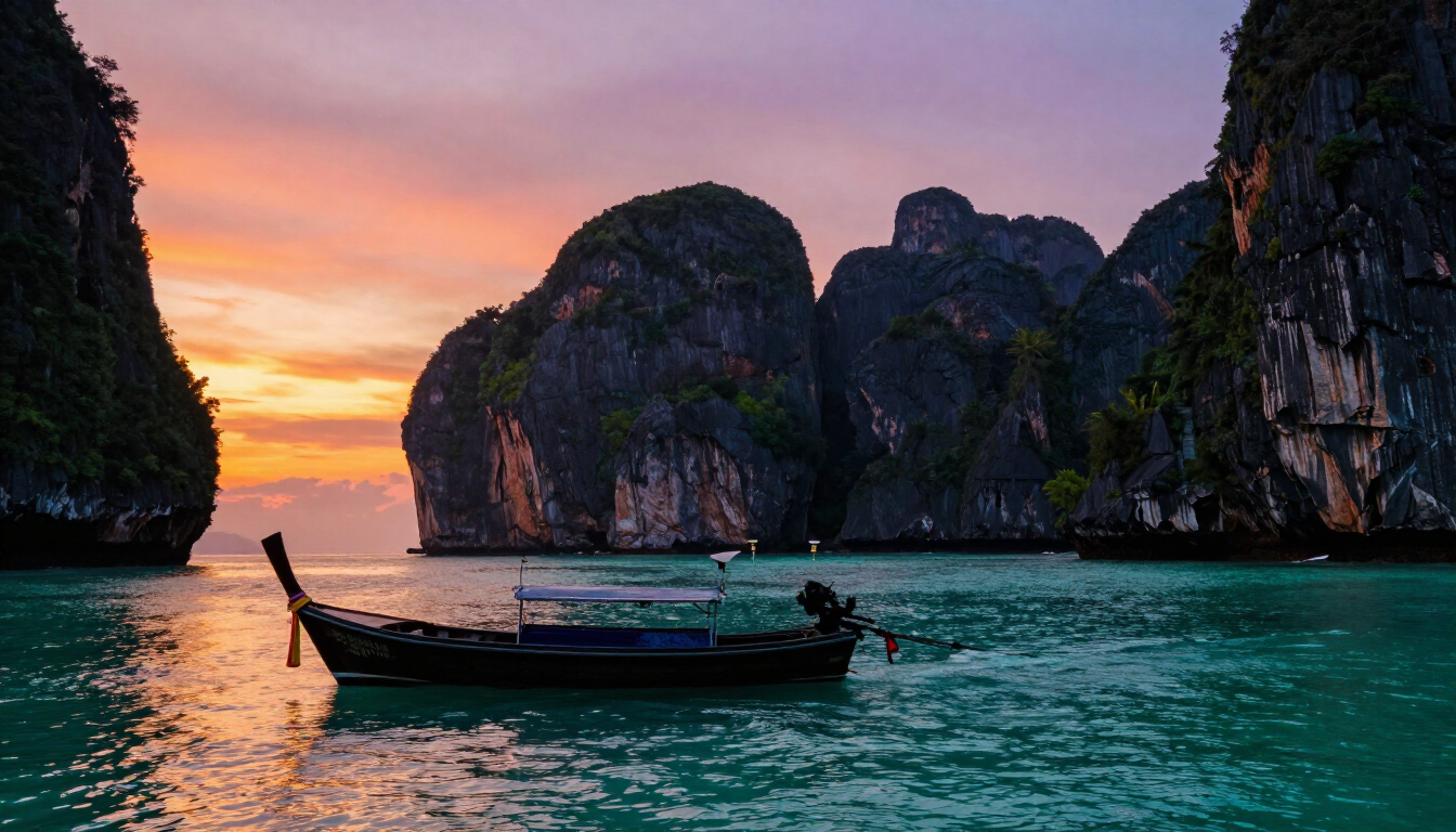 Phang Nga Bay limestone karsts at sunset, Thailand