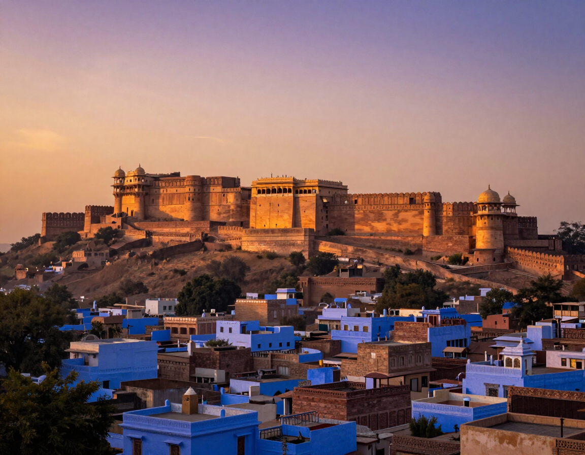 Mehrangarh Fort above Jodhpur blue city at dusk