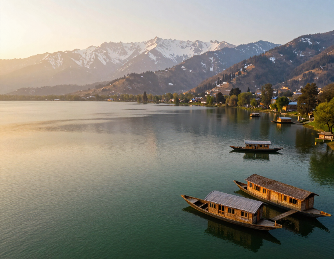 Dal Lake Kashmir with houseboats and Pir Panjal range