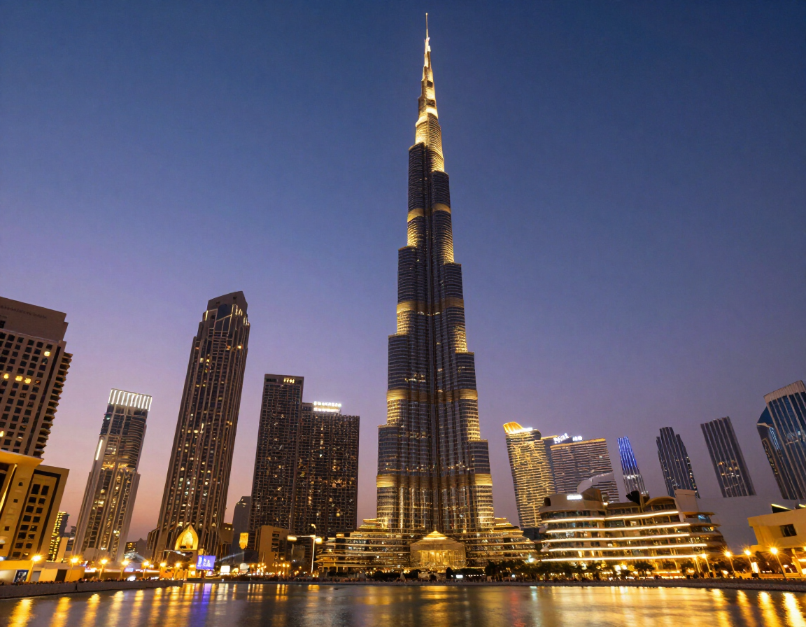 Dubai skyline at dusk with illuminated Burj Khalifa