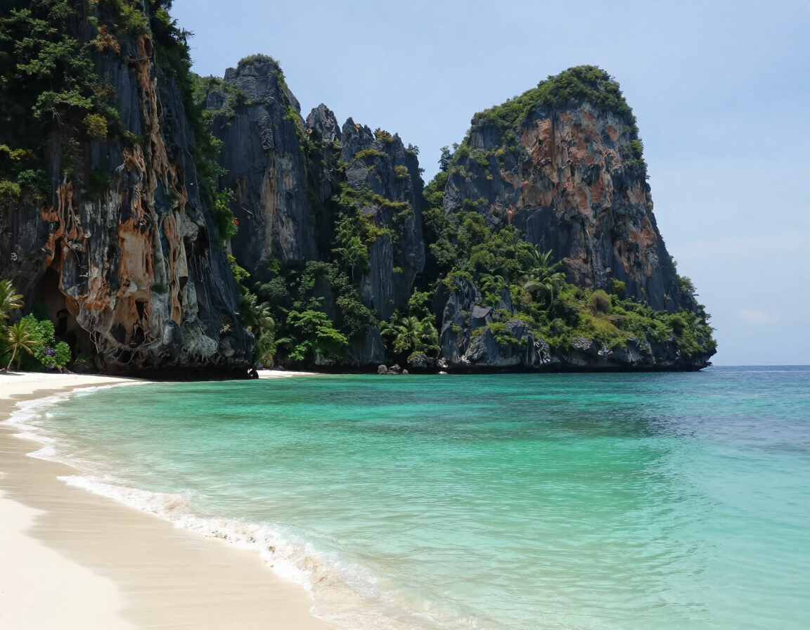 Turquoise Andaman Sea near Phuket with limestone cliffs