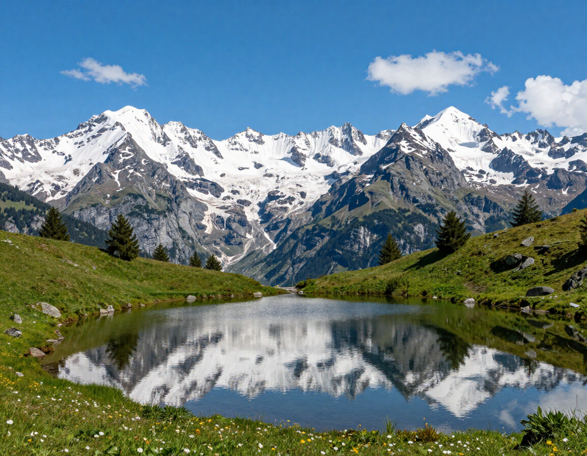 Swiss Alps peaks reflecting in alpine lake