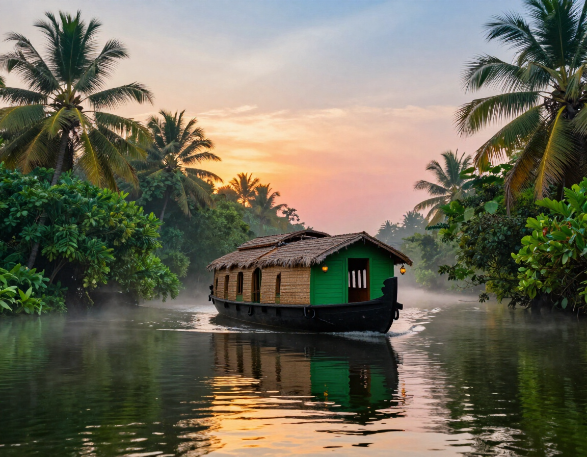 Houseboat in Alleppey backwaters Kerala at sunrise