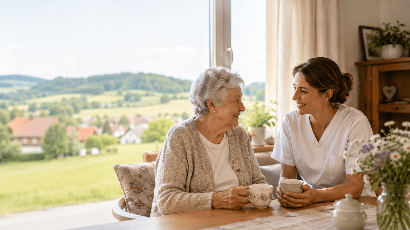 Seniorin und Betreuungskraft unterhalten sich und trinken dabei einen Tee