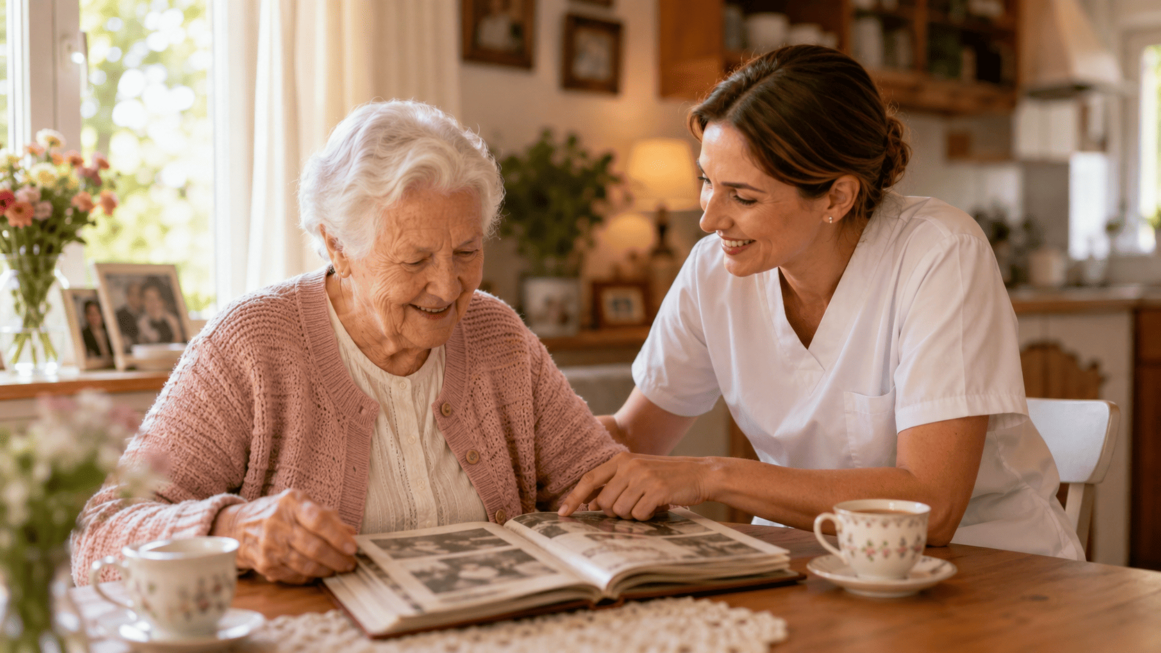Seniorin und Betreuungskraft sitzen gemeinsam in der Küche und schauen sich ein Fotoalbum an