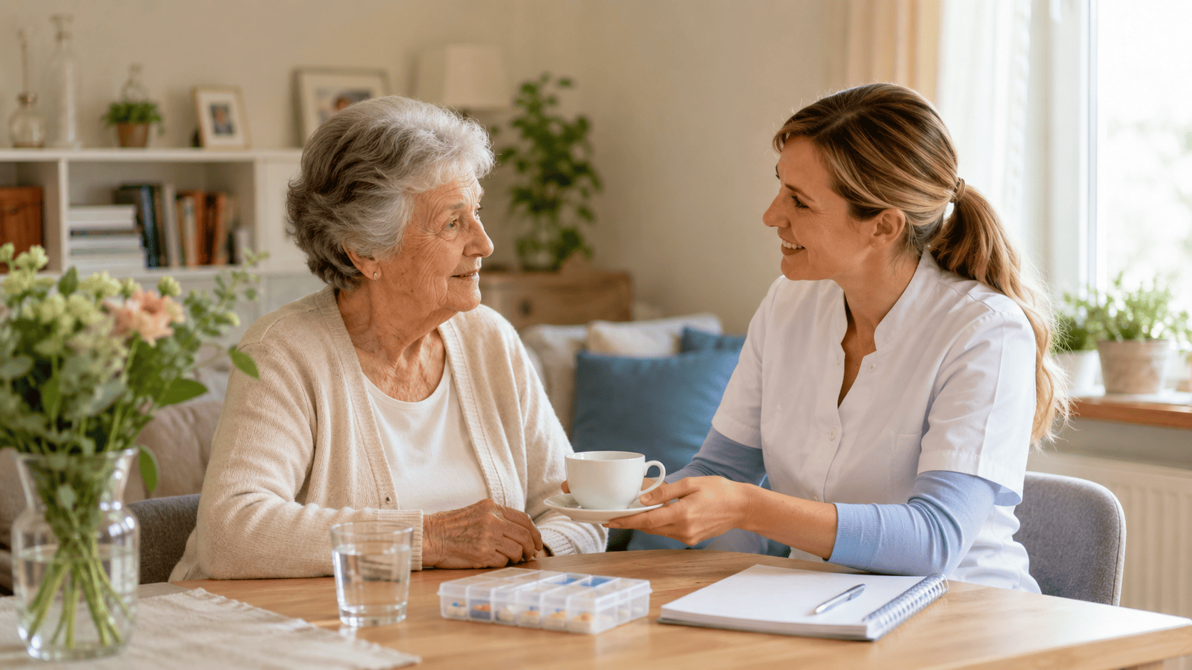 Seniorin wird zuhause von einer Betreuungskraft unterstützt