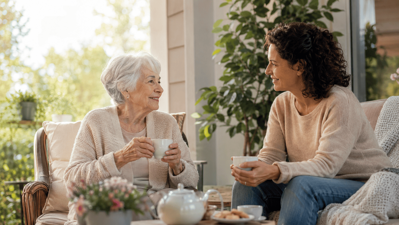 Seniorin erhält zuhause Gesellschaft durch Betreuungskraft