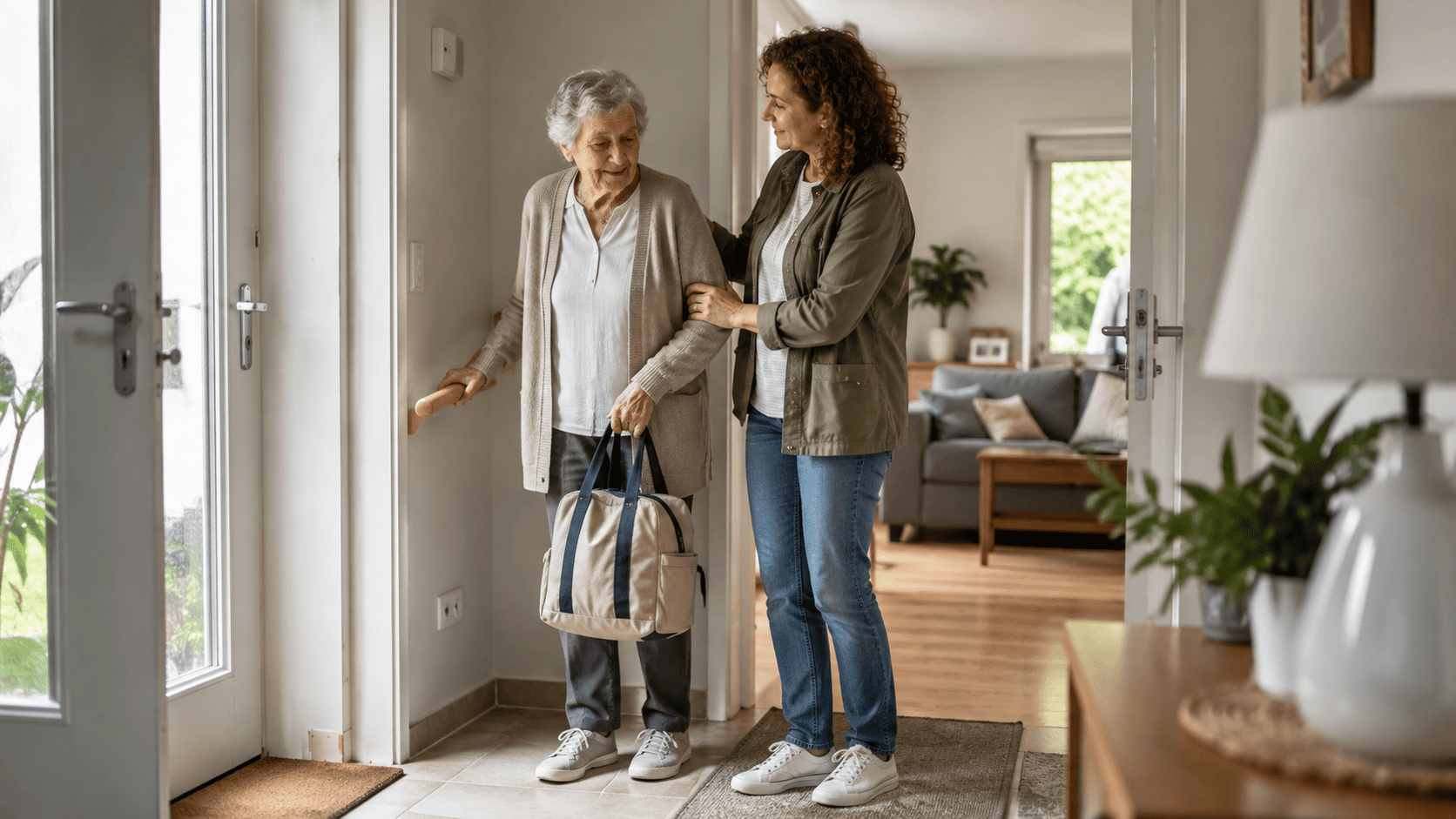 Seniorin kommt nach Krankenhausaufenthalt zuhause an