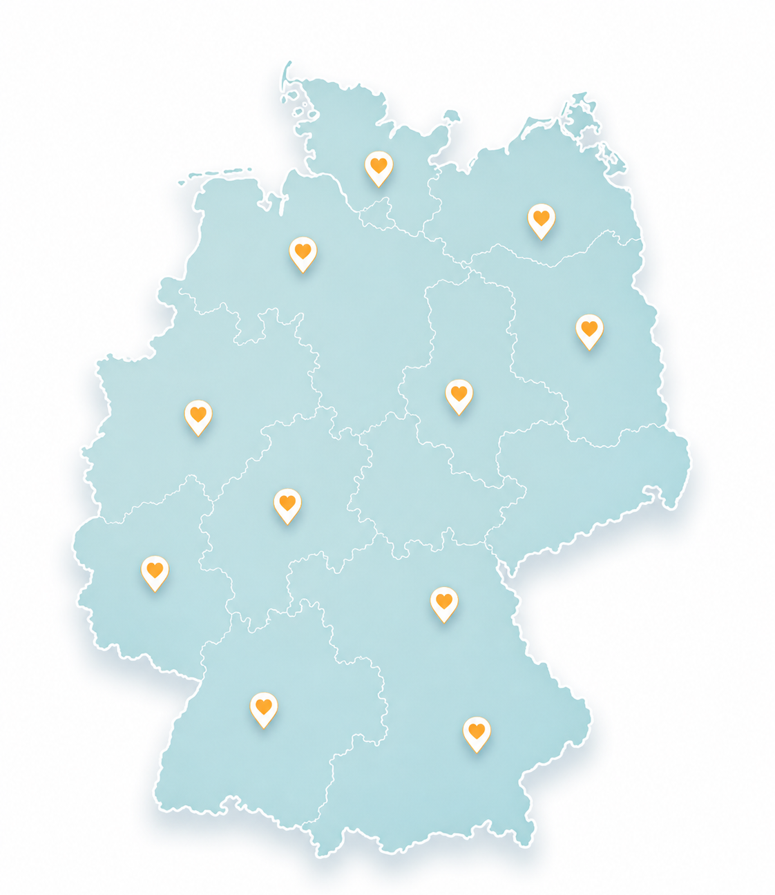 Hellblaue Karte von Deutschland mit mehreren orangefarbenen Standortmarkierungen