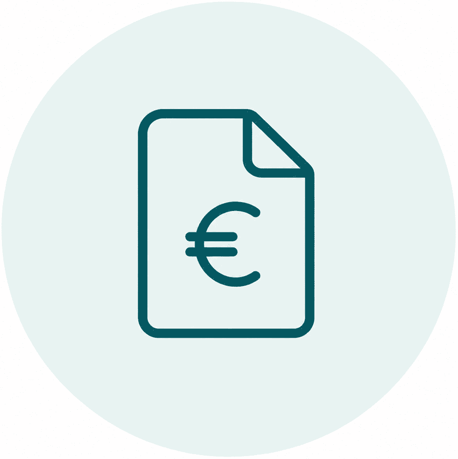 Türkisfarbene Umrisszeichnung eines Rechnungsdokuments mit einem Euro-Symbol auf einem hellblauen Kreis
