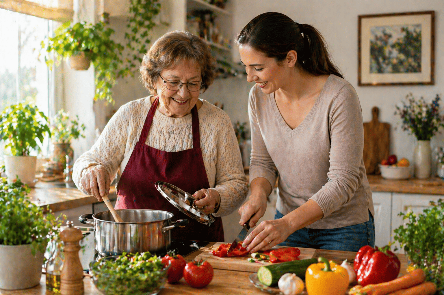 Zwei Frauen kochen gemeinsam in einer hellen Küche und schneiden Gemüse neben Töpfen und frischen Produkten.
