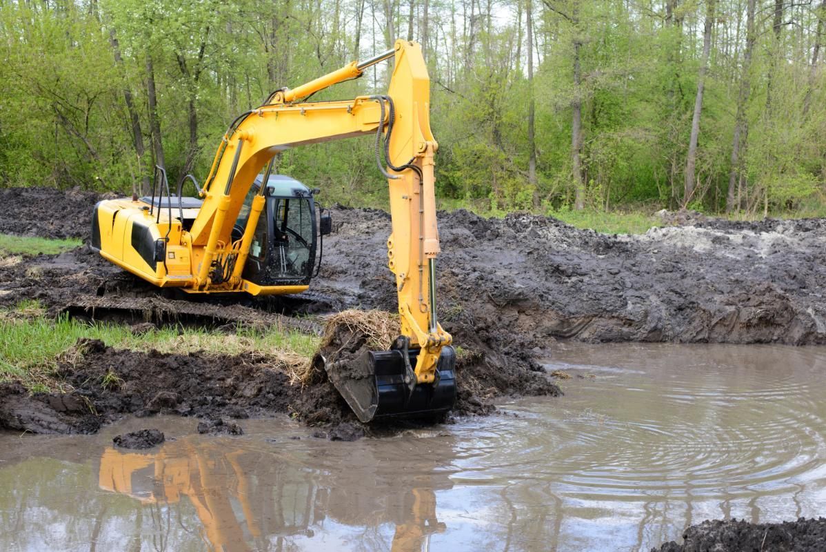 Yellow excavator digging muddy soil beside a pond in a wooded area