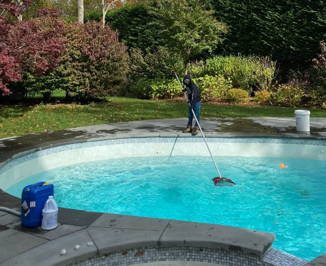 Person skimming a bright blue pool in a landscaped backyard garden