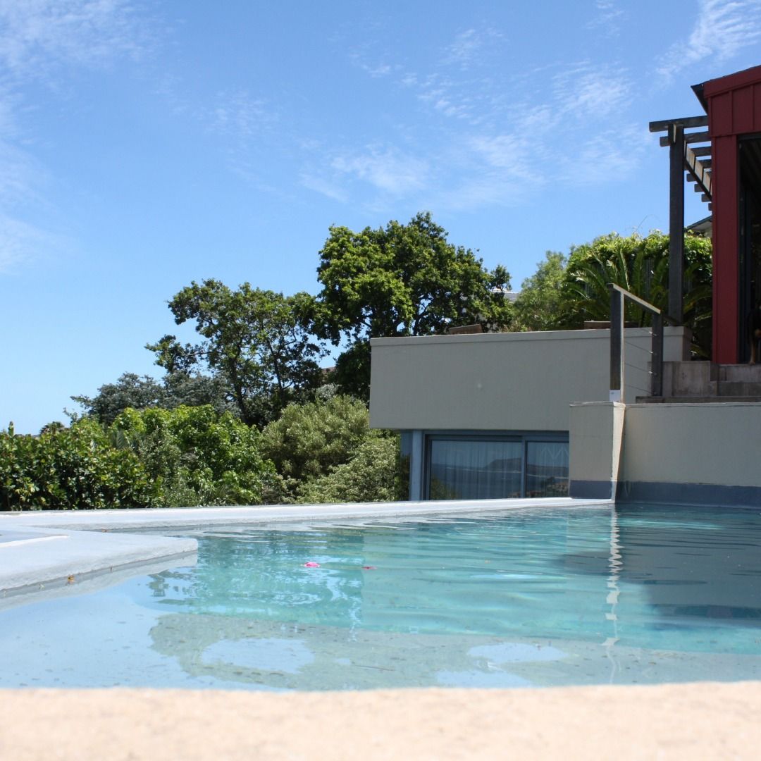 A sunny outdoor pool edge with a view of a modern house, a stone terrace, and lush trees against a blue sky.