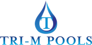 The logo for Tri-M Pools features a blue water drop icon containing a capital letter T, above the blue text TRI-M POOLS.