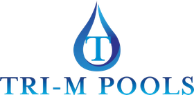 Logo for Tri-M Pools, featuring a blue water droplet icon with a letter T inside, over the text 