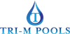 The logo for Tri-M Pools features a blue water drop icon containing a capital letter T, above the blue text TRI-M POOLS.