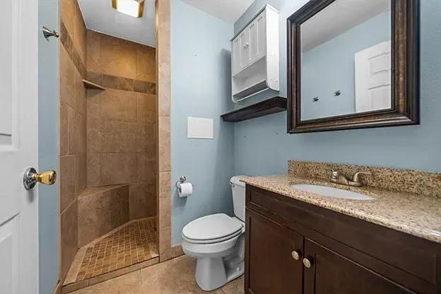 A bathroom with a toilet , sink , mirror and walk in shower.