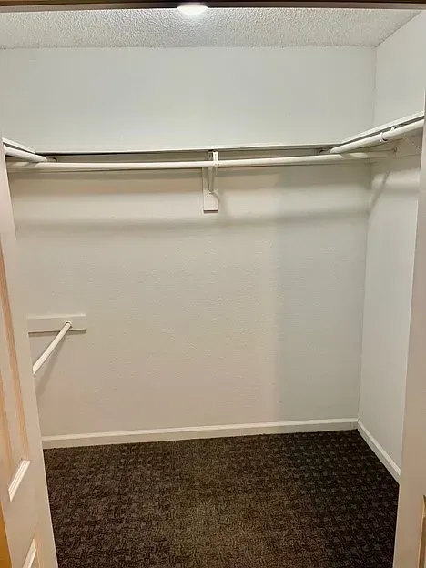 An empty walk in closet with a carpeted floor and white walls.