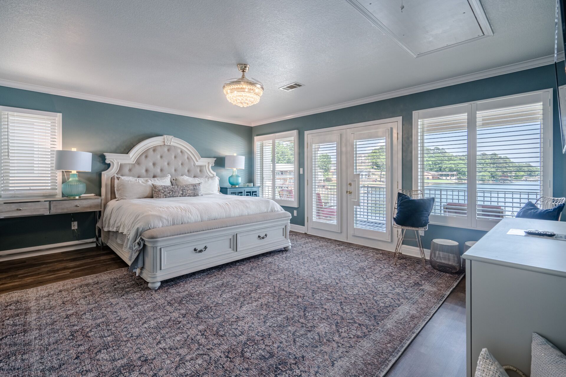 There is a large bed in the middle of the room.