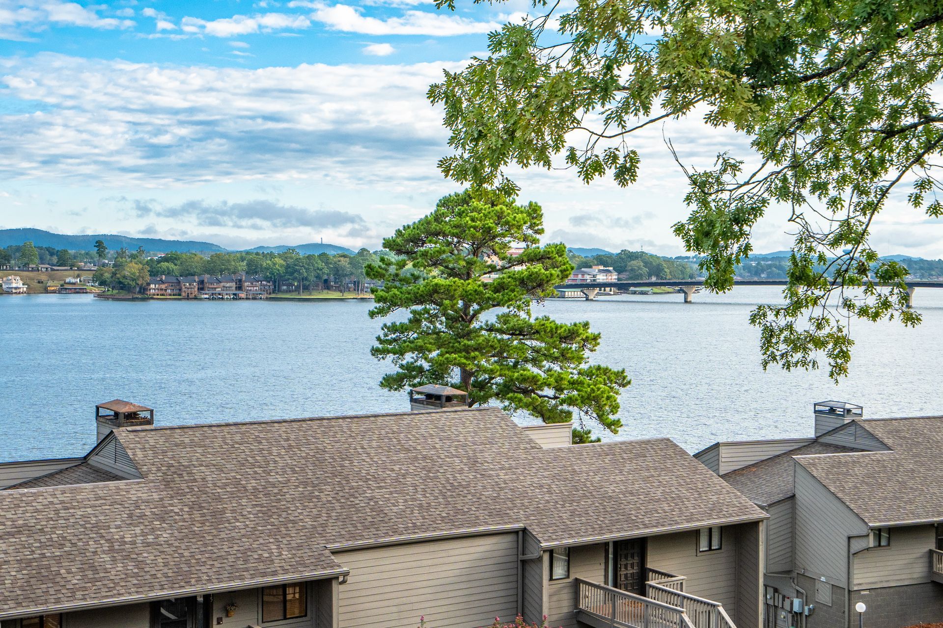 A view of a lake from a house with a tree in the foreground