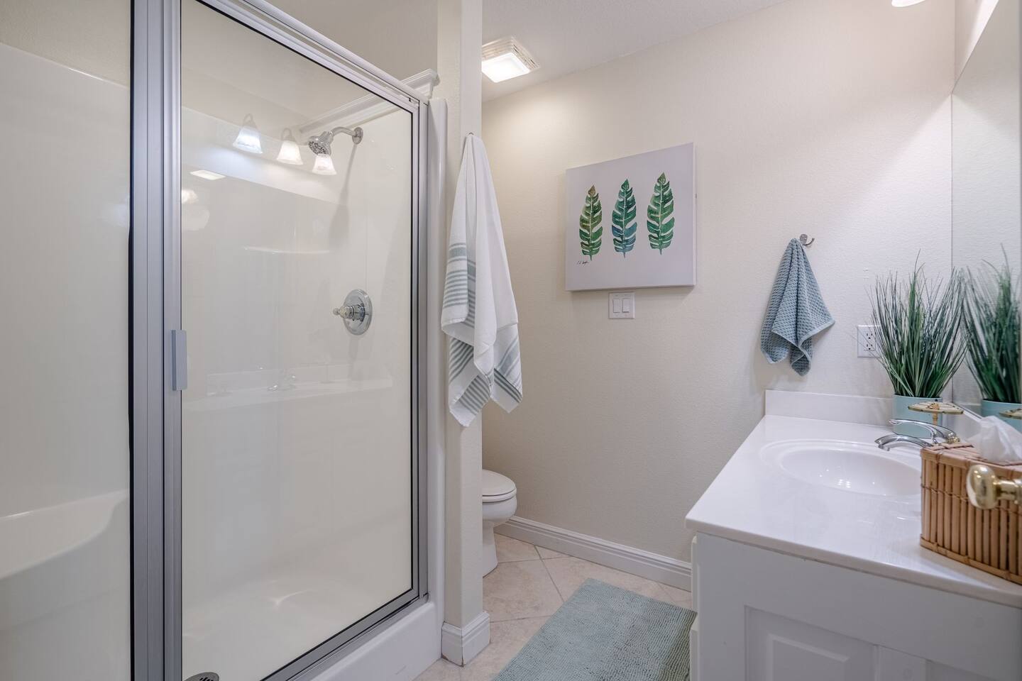 A bathroom with a walk in shower , sink , toilet and mirror.