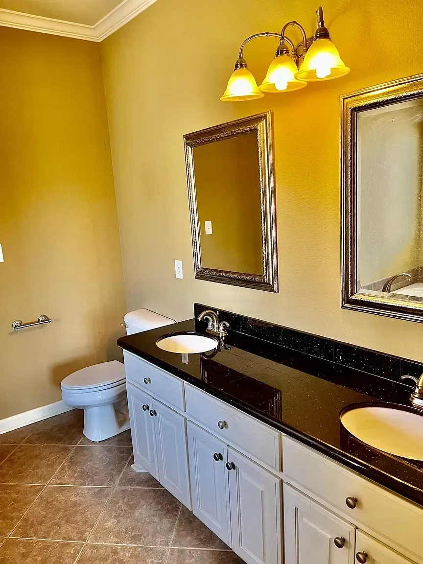 A bathroom with a toilet a sink and a mirror