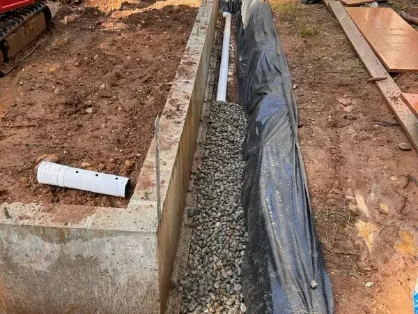 A pipe is laying in the dirt next to a concrete wall.
