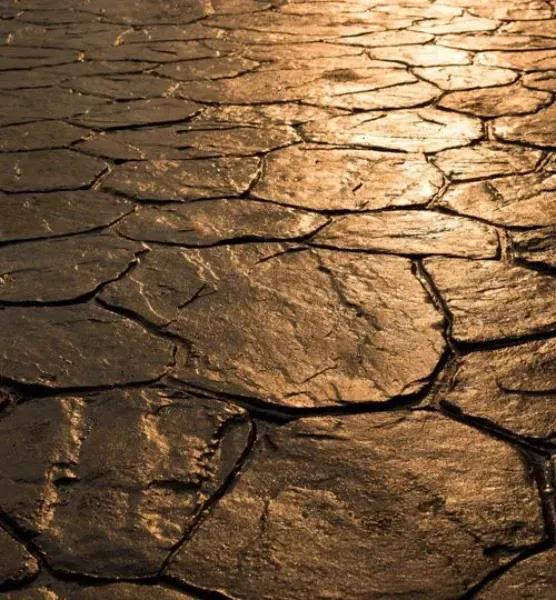 A close up of a stone walkway with a sunset in the background
