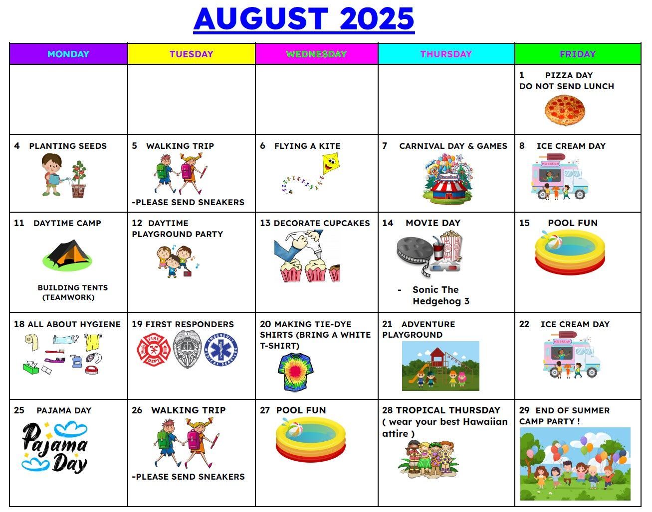 A calendar for august 2025 with a lot of pictures on it
