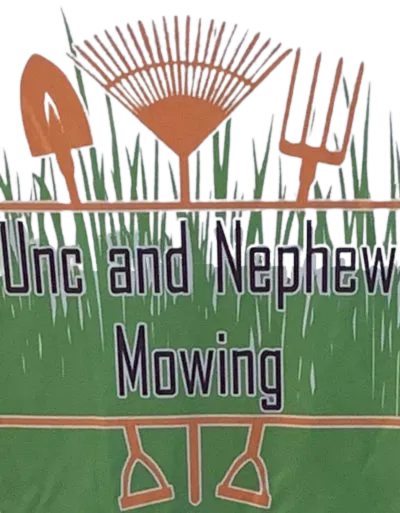 Unc and Nephew Mowing sign with green grass and orange shovel, rake, and pitchfork graphic