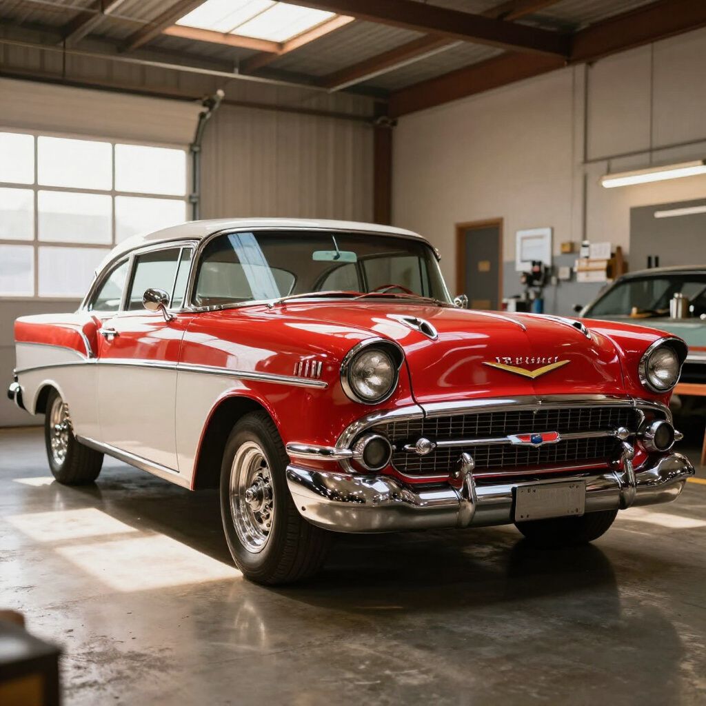 Red and white classic car parked inside a garage under bright overhead lights