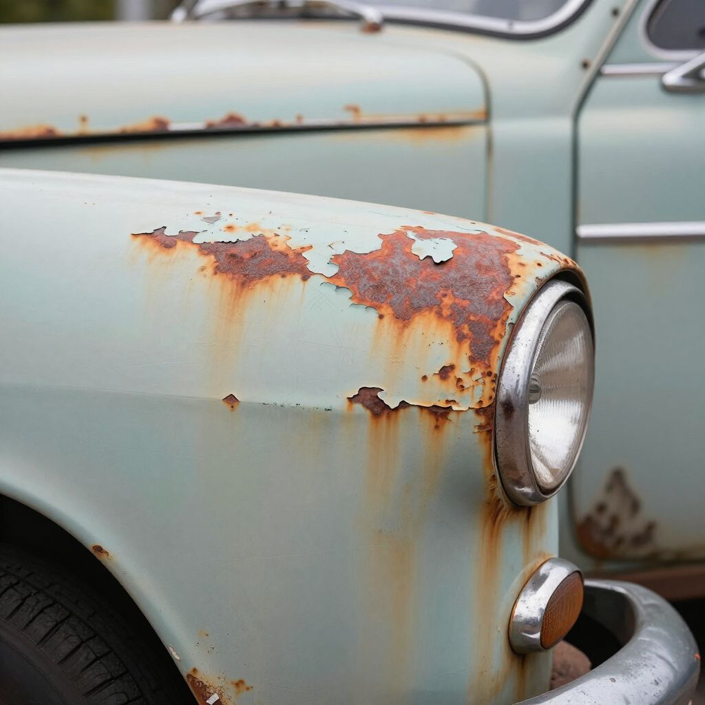 Rusty old pale green car fender and headlight close-up
