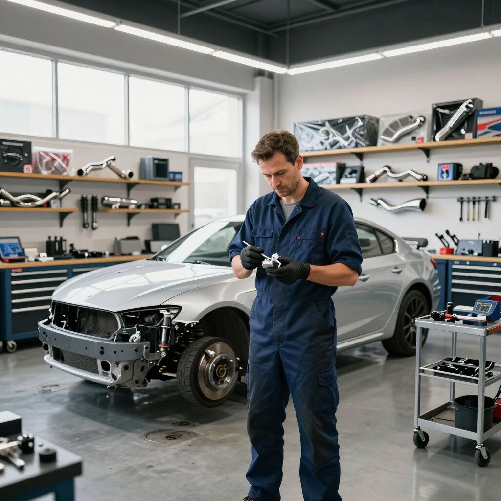Mechanic inspecting parts beside a silver car in a modern auto repair shop