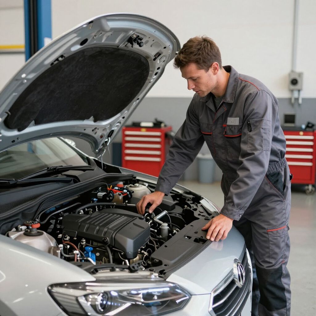 Mechanic inspecting a car engine with the hood open in a repair shop