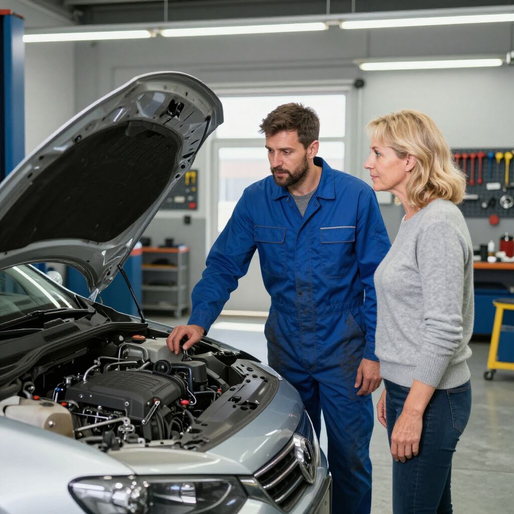 Two mechanics inspecting a silver car engine in an auto repair shop