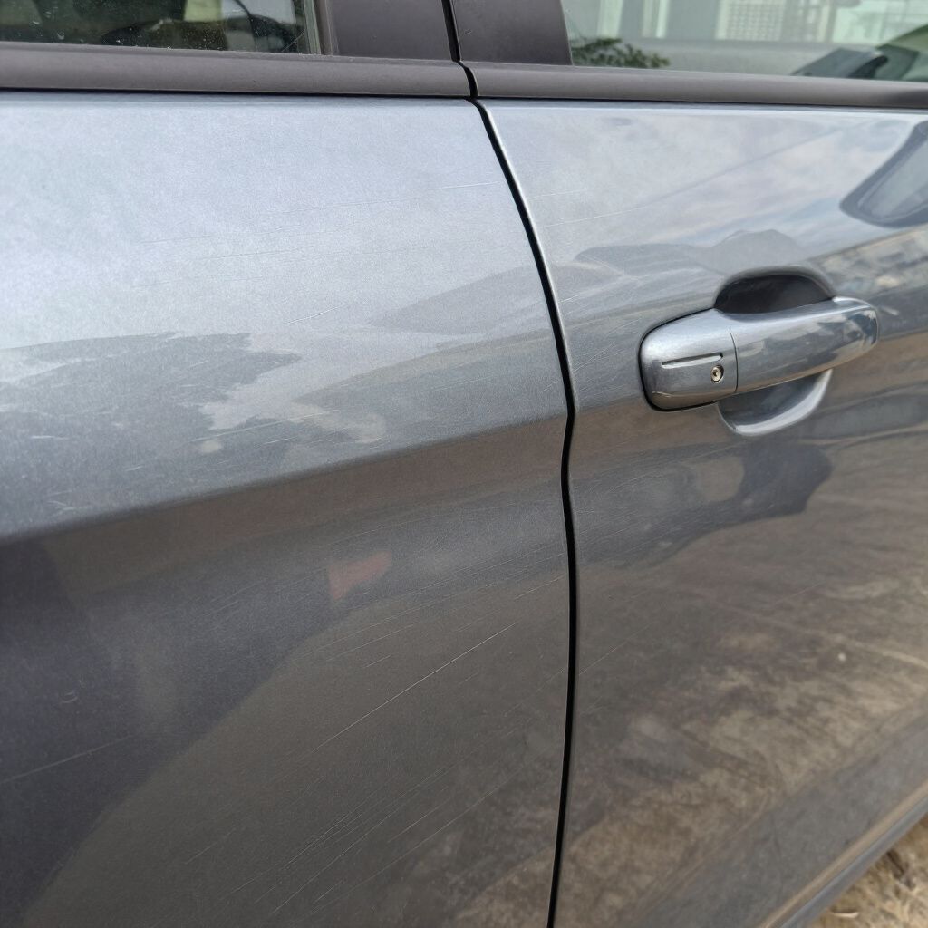 Close-up of a gray car door and handle with a visible vertical seam between panels.