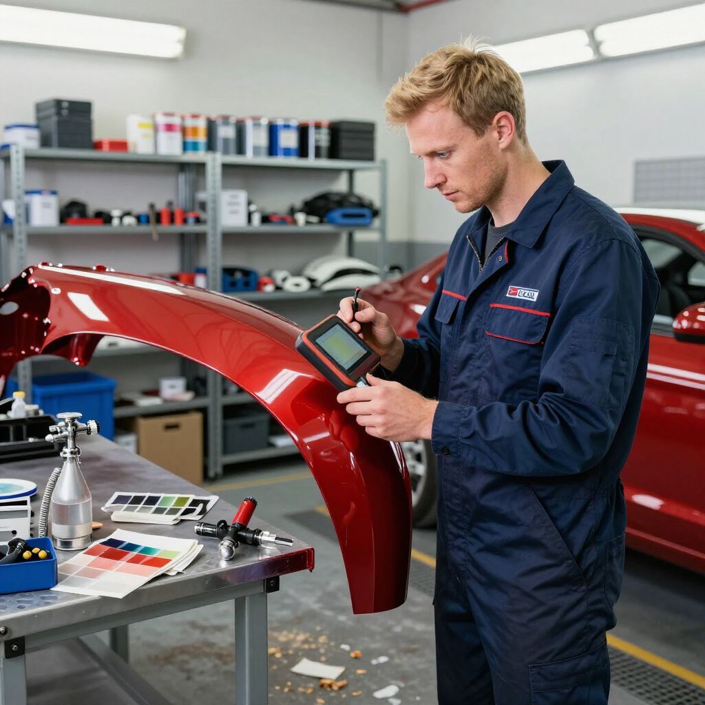 Mechanic inspecting a red car bumper in an auto repair shop with a diagnostic tablet
