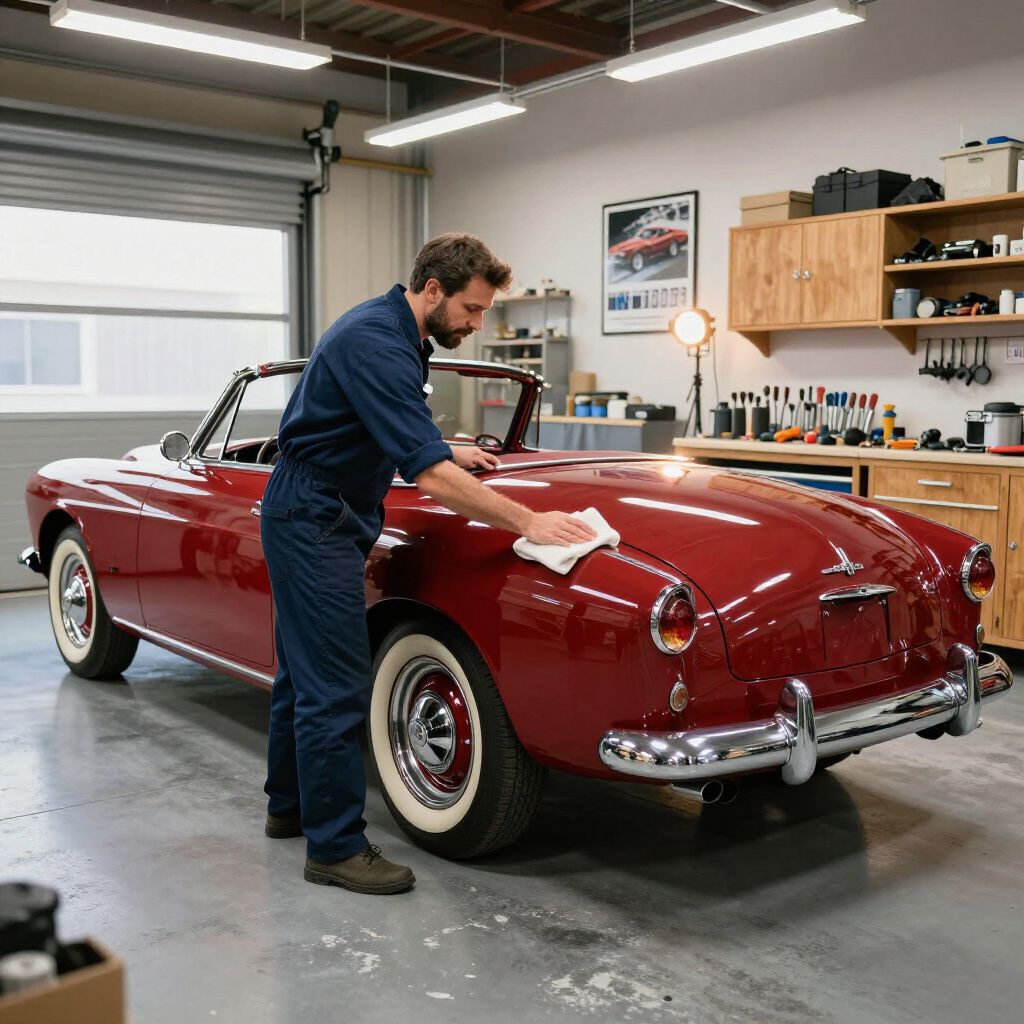 Man polishing a red vintage convertible in a garage shop