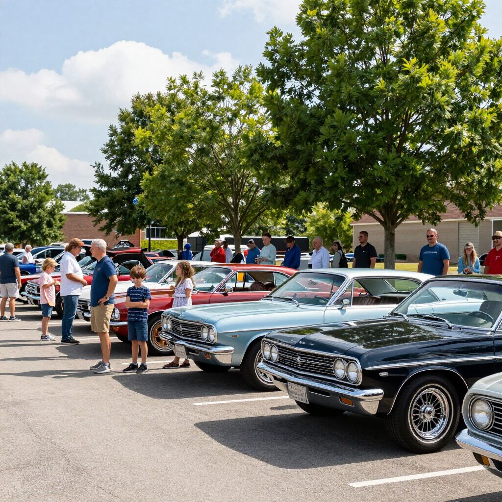 Classic cars on display at an outdoor show with people gathered under trees on a sunny day