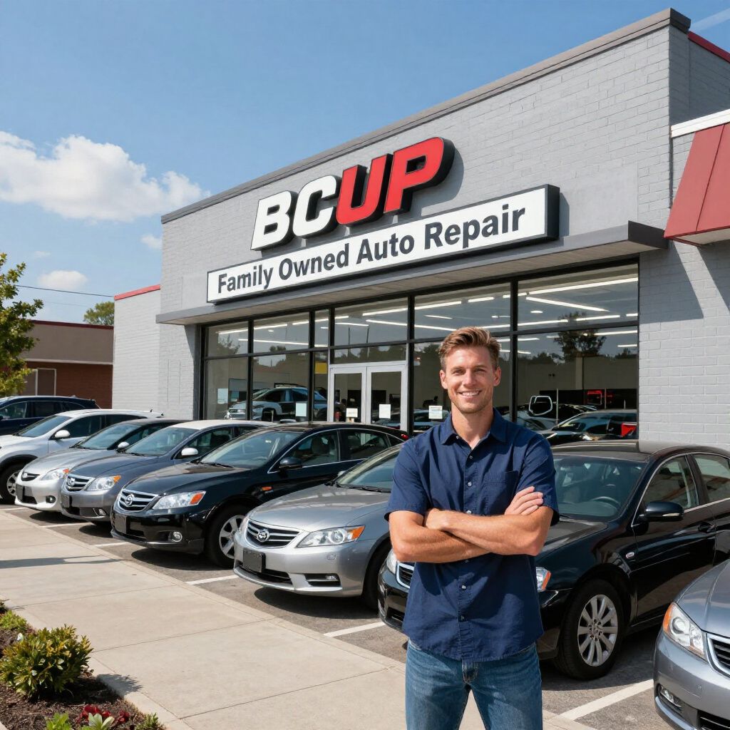 BCUP Family Owned Auto Repair storefront with cars lined up and a smiling man standing outside.