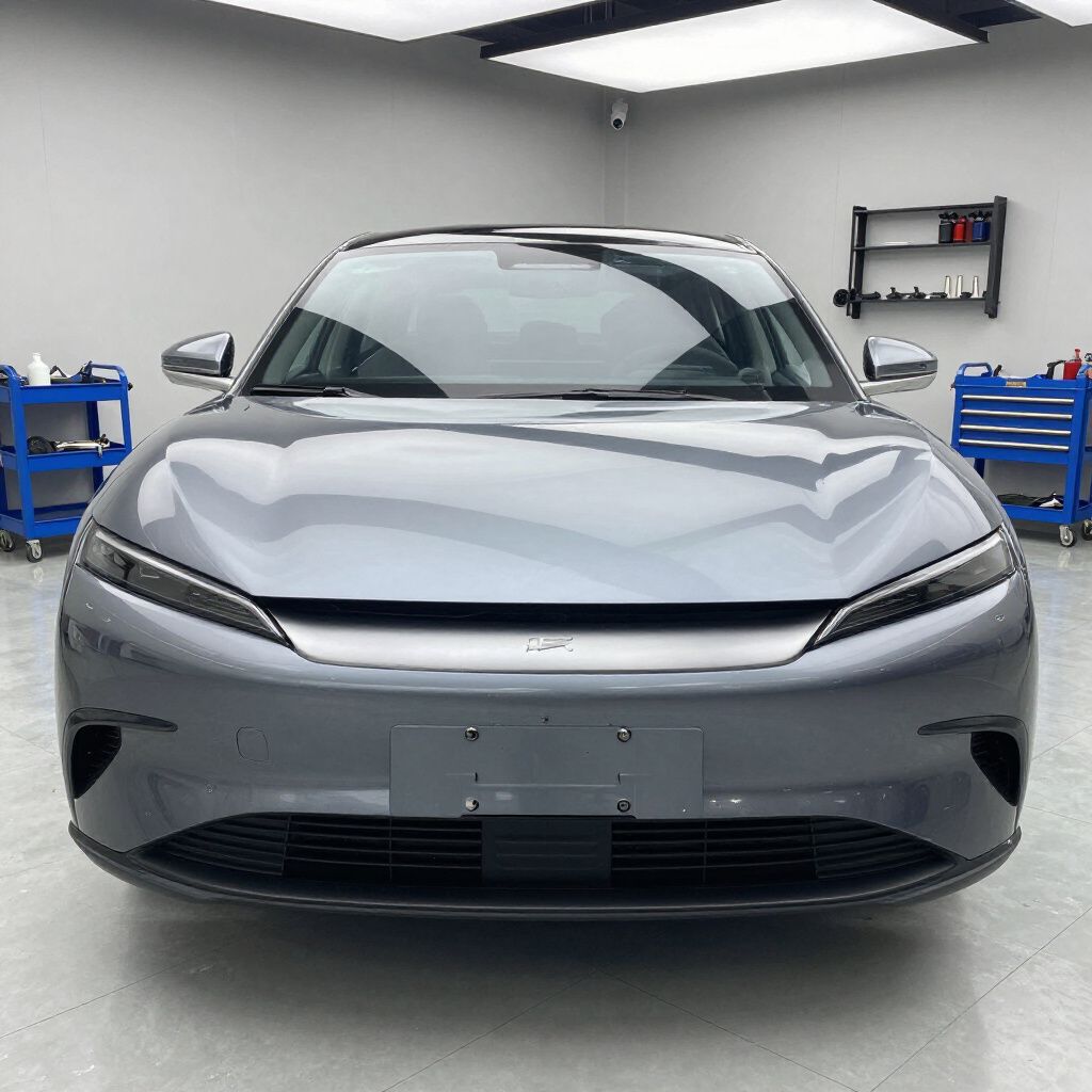 Front view of a silver sedan in a clean garage with blue tool carts on both sides