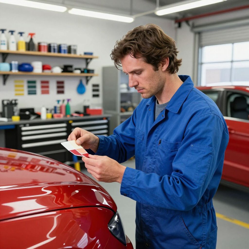 Mechanic in blue coveralls inspecting a red car hood in a garage