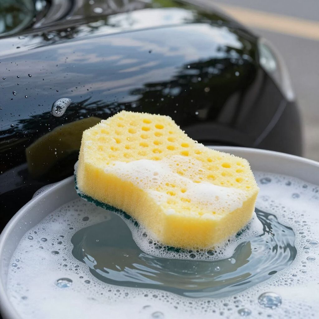 Yellow sponge in soapy water on a white dish, with a black car in the background