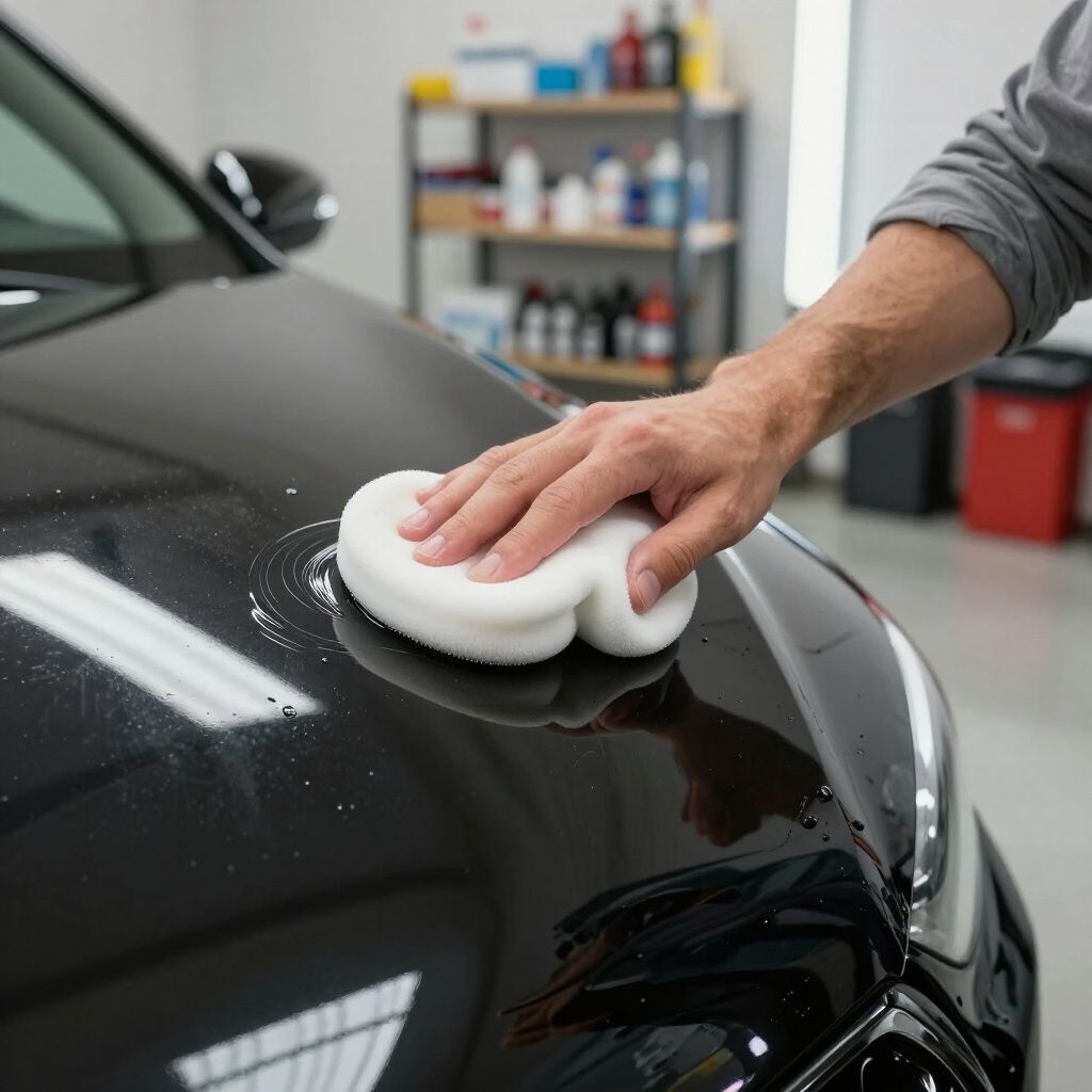 Person waxing a black car hood in a garage with a white applicator pad