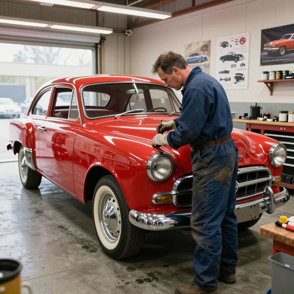Man polishing a red vintage car in a garage