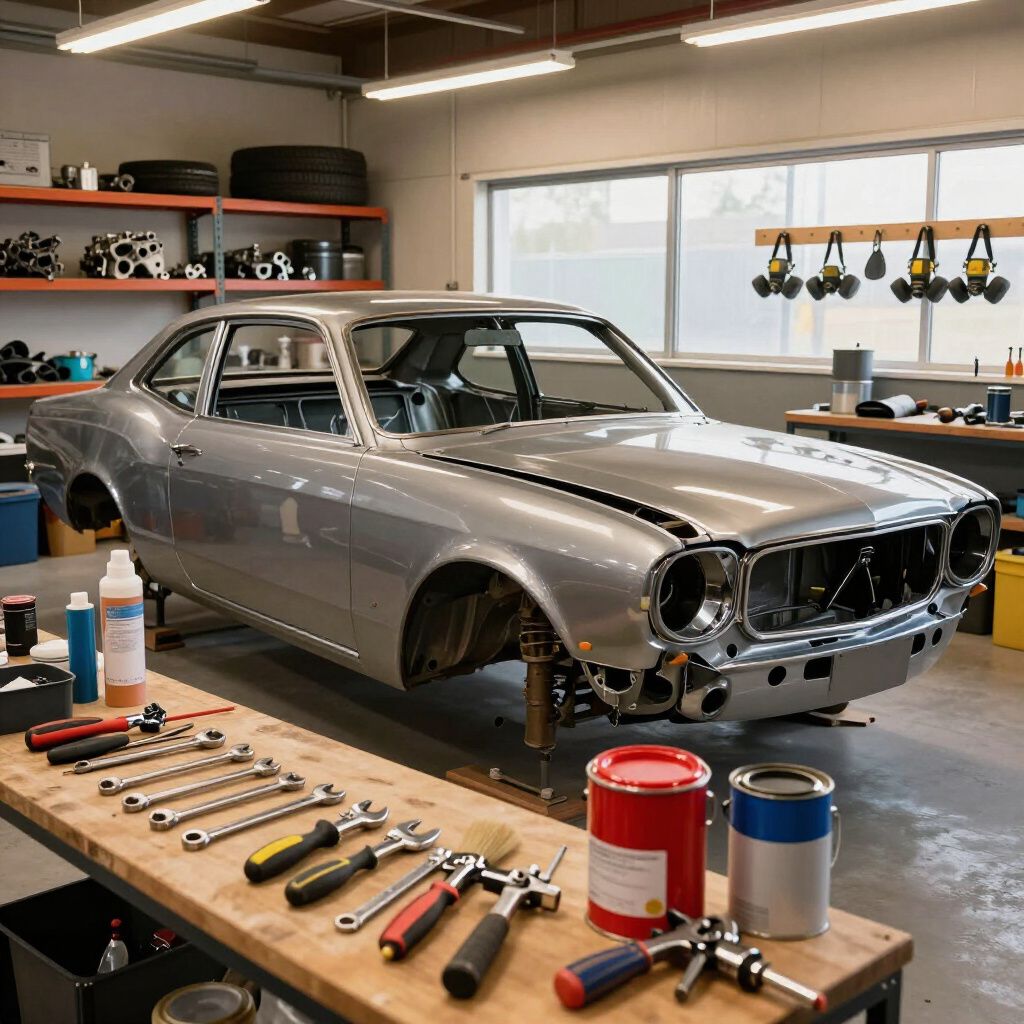 Silver classic car body in a garage workshop with tools laid out on a workbench, mid-restoration