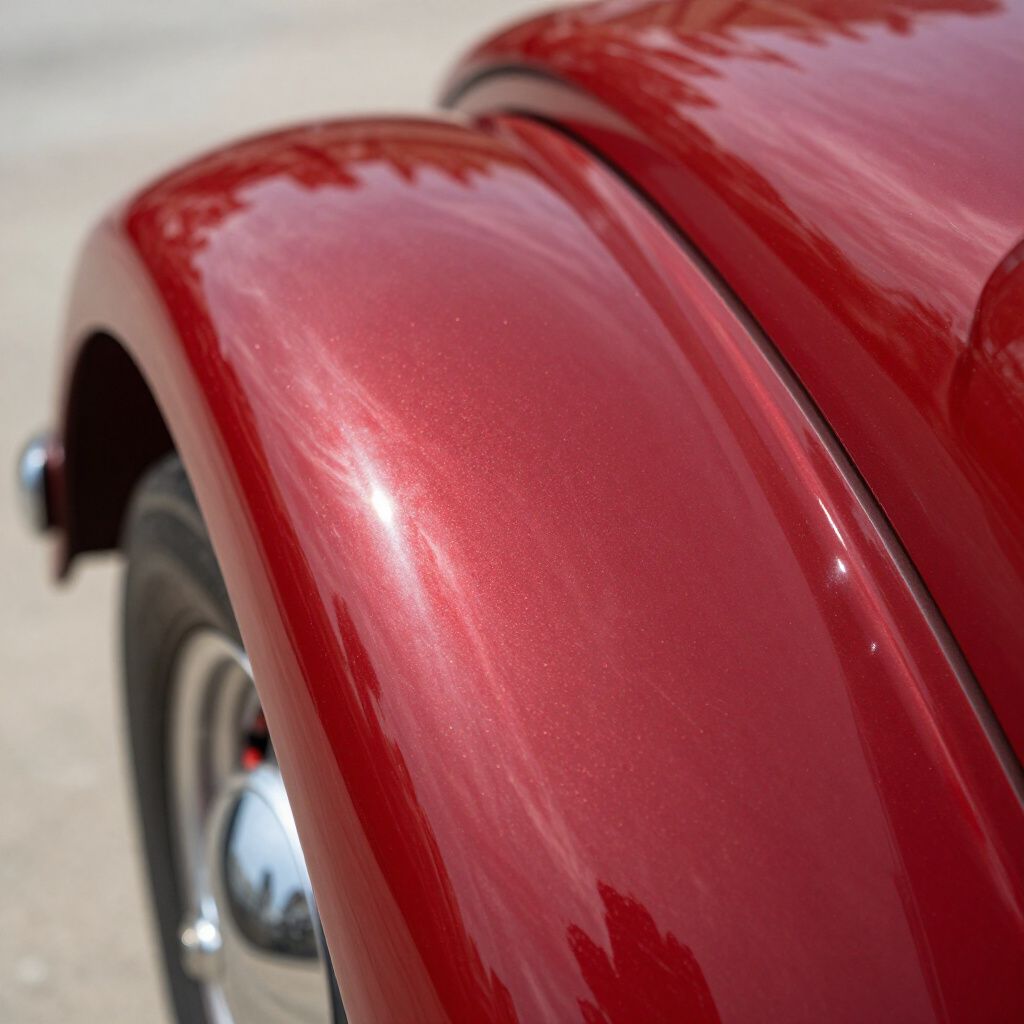Close-up of a shiny red car fender and wheel rim